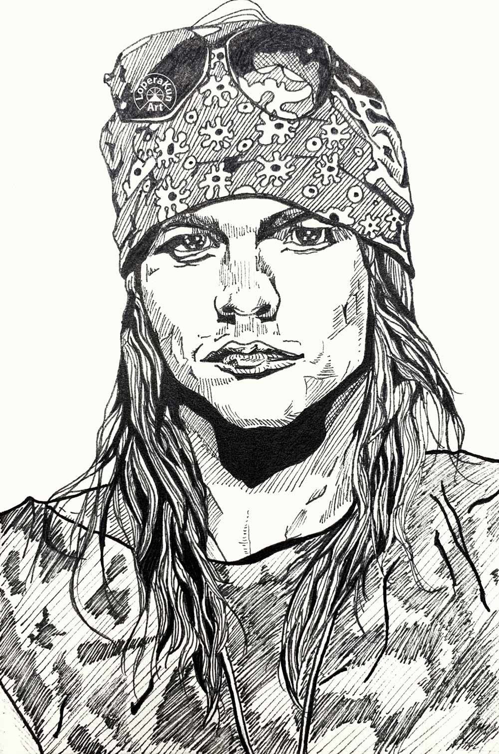 Portrait of Axl Rose. Guns N' Roses. Traditional illustration. Pen. David Lopera Gómez