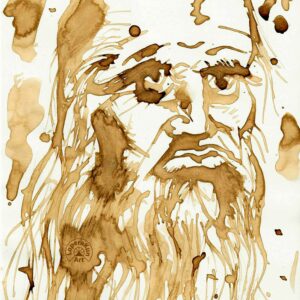 Portrait of Leonardo da Vinci. Traditional painting. Coffee. David Lopera Gómez