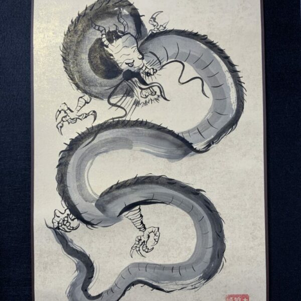 Extra Large Yellow Sumie Dragon Kakemono Scroll - Traditional Oriental Art