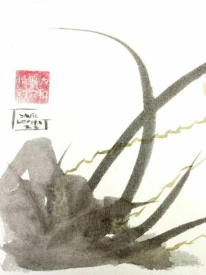 Trio de orquídeas salvajes. Sumi-e. Tinta china sobre papel de arroz. Detalle rocas
