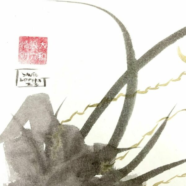 Trio de orquídeas salvajes. Sumi-e. Tinta china sobre papel de arroz. Detalle rocas