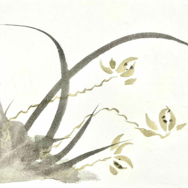 Trio de orquídeas salvajes. Sumi-e. Tinta china sobre papel de arroz. Obra completa