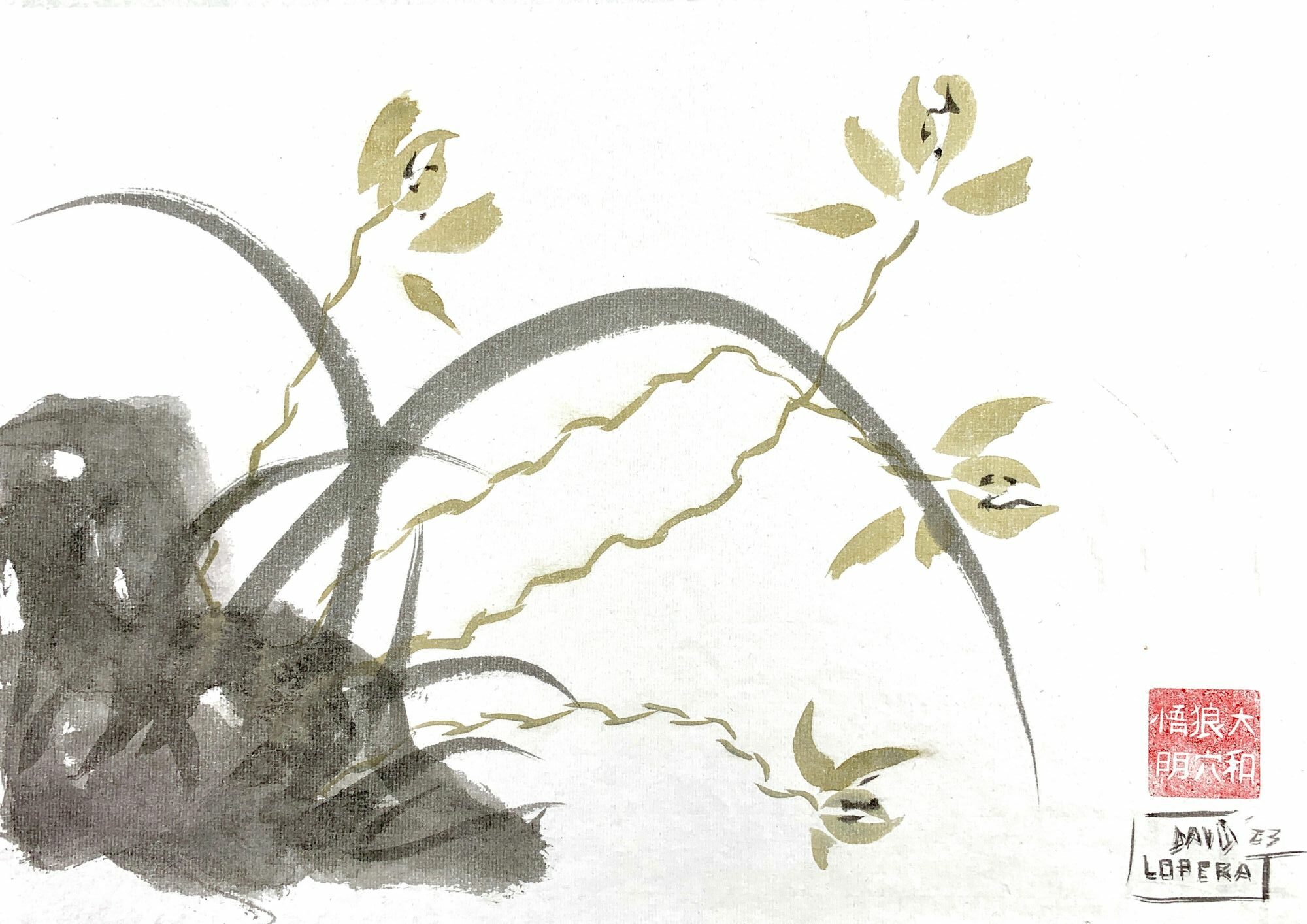 Cuarteto de orquídeas salvajes. Sumi-e. Tinta china sobre papel de arroz. Obra completa