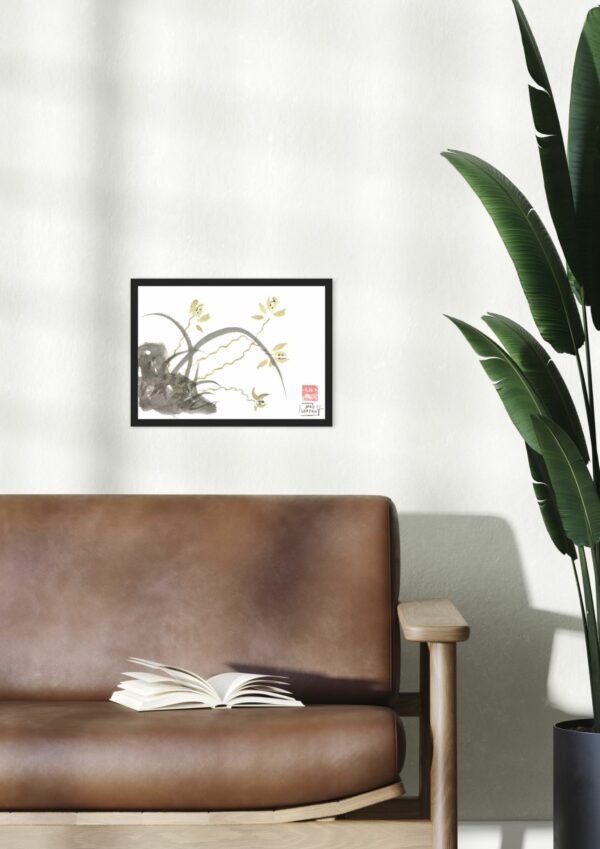 Cuarteto de orquídeas salvajes. Sumi-e. Tinta china sobre papel de arroz. Obra enmarcada en pared