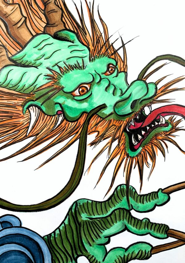 Dragón Nube I. Ilustración Manga. Tinta china, bolígrafo y rotuladores Copic de base de alcohol. David Lopera Gómez. Loperakun. Detalle cabeza y garra