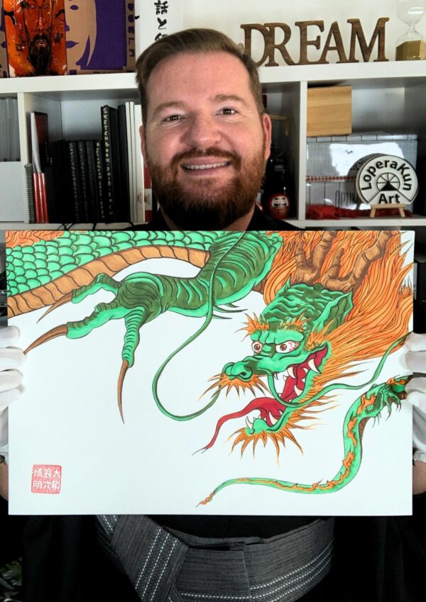 Dragón Nube II. Ilustración Manga. Tinta china, bolígrafo y rotuladores Copic de base de alcohol. David Lopera Gómez. LoperakunPosando con obra.