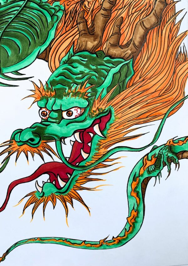 Dragón Nube II. Ilustración Manga. Tinta china, bolígrafo y rotuladores Copic de base de alcohol. David Lopera Gómez. Loperakun. Detalle cabeza de dragón.